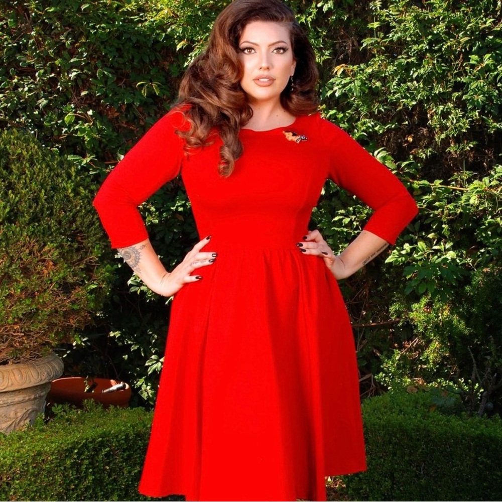Classic Coral Long Sleeve Fit-and-Flare Dress